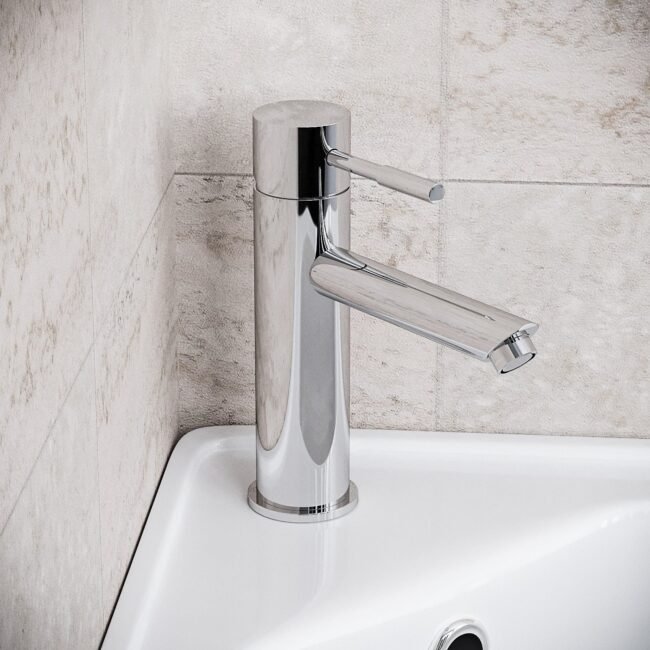 Tulla Corner Triangle Wall Hung Basin Sink. Chrome Round Bottle Trap Waste & Tap - Image 4