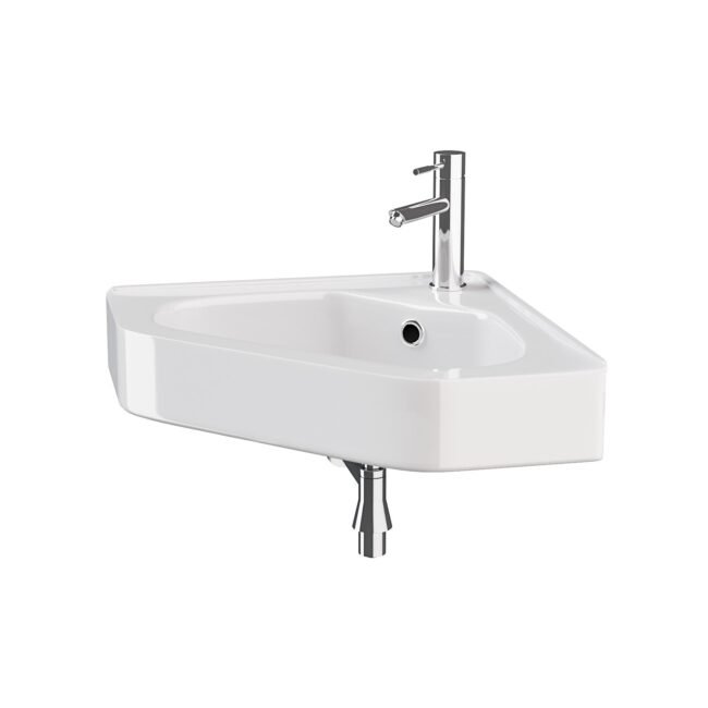 Tulla Corner Triangle Wall Hung Basin Sink. Chrome Round Bottle Trap Waste & Tap - Image 5