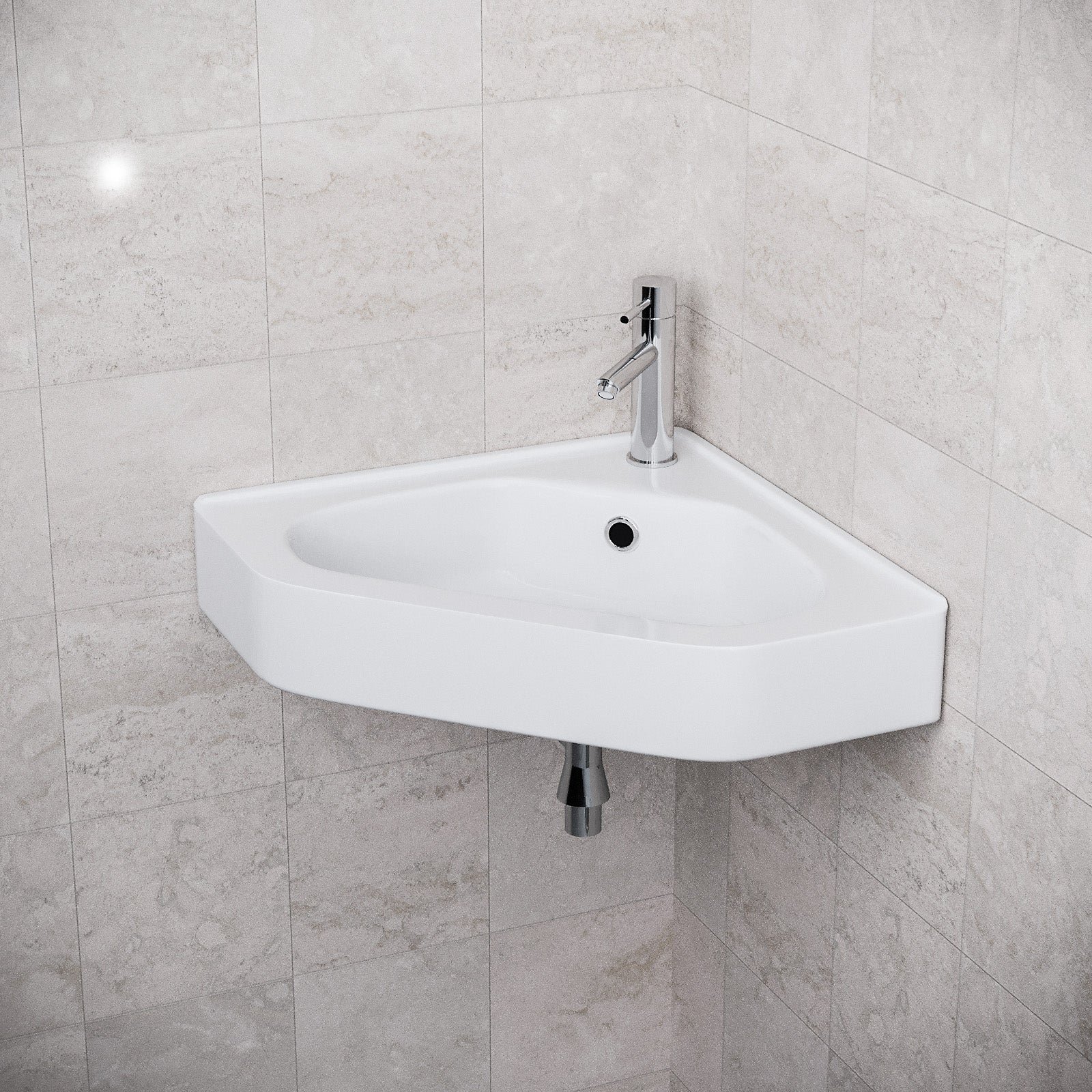 Tulla Corner Triangle Wall Hung Basin Sink. Chrome Round Bottle Trap Waste & Tap
