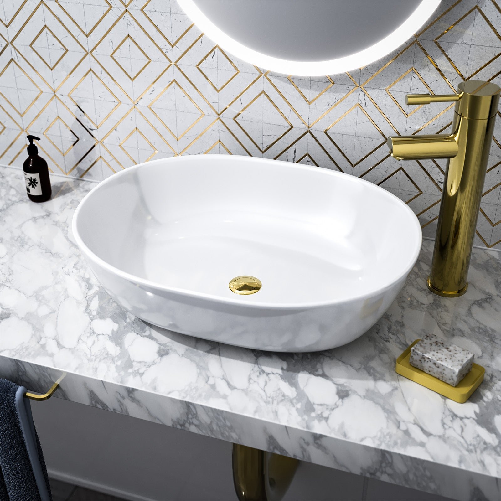 Alveley 480 x 350mm Oval Cloakroom Counter Top Basin Sink Bowl Gloss White