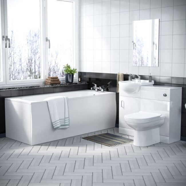 Ellen 1700mm Bath. 450mm Vanity Basin Unit Flat-Pack. WC Unit & Elso Back To Wall Toilet White