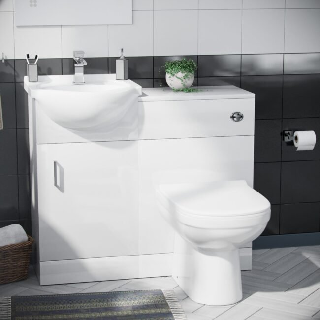 Ellen 1700mm Bath. 450mm Vanity Basin Unit Flat-Pack. WC Unit & Elso Back To Wall Toilet White - Image 2