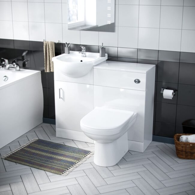 Ellen 1700mm Bath. 450mm Vanity Basin Unit Flat-Pack. WC Unit & Elso Back To Wall Toilet White - Image 3