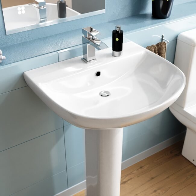 Theo Round Rimless Close Coupled Toilet & 570mm Full Pedestal Basin White - Image 2