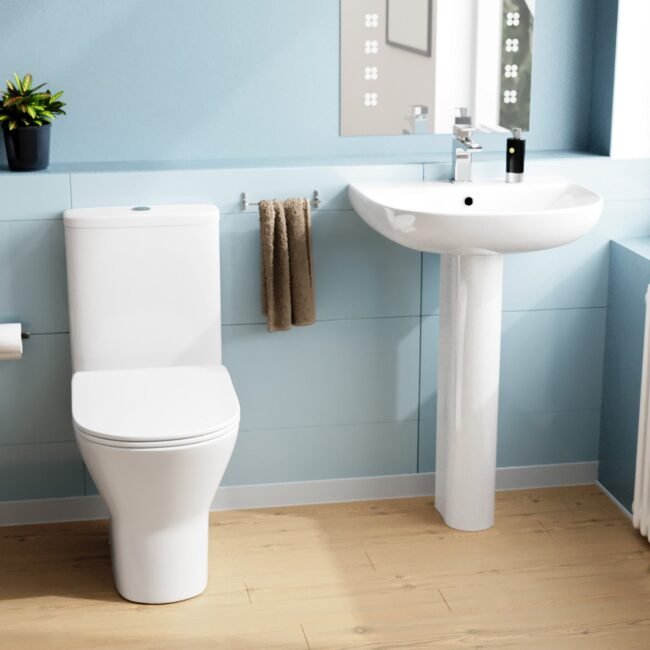 Theo Round Rimless Close Coupled Toilet & 570mm Full Pedestal Basin White - Image 4