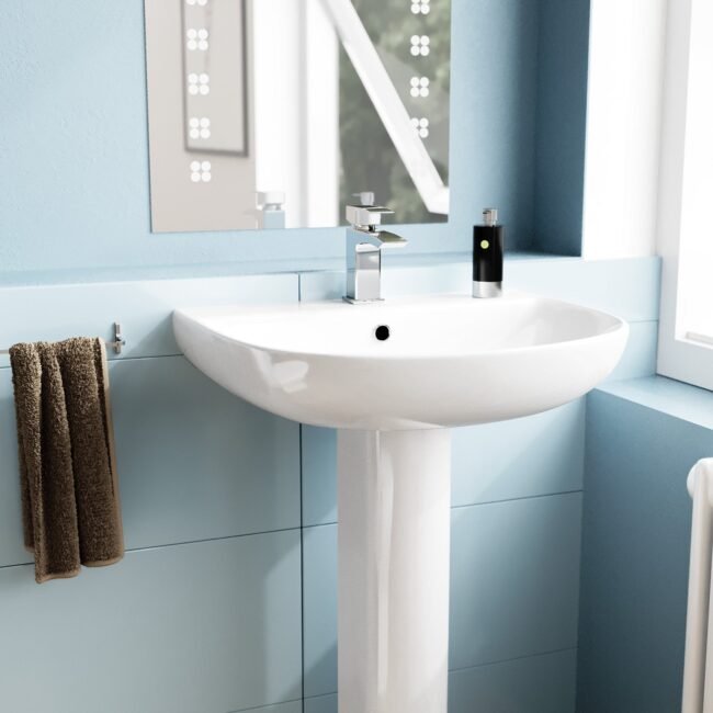 Theo Round Rimless Close Coupled Toilet & 570mm Full Pedestal Basin White - Image 5