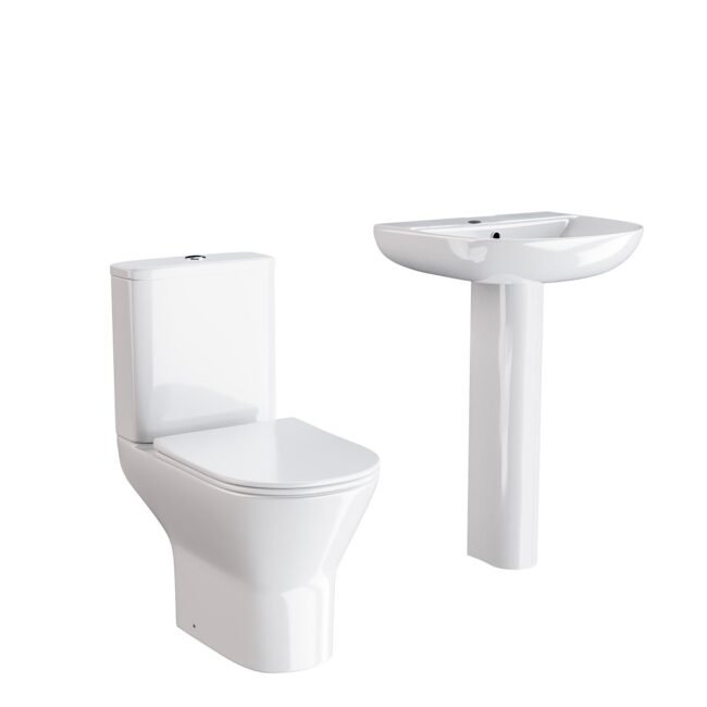 Theo Round Rimless Close Coupled Toilet & 570mm Full Pedestal Basin White - Image 7