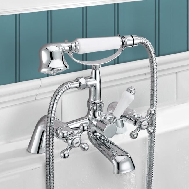 Stafford Victorian Cross Head Bath Shower Mixer Tap With Handheld Kit & Basin Mono Mixer Tap - Image 3