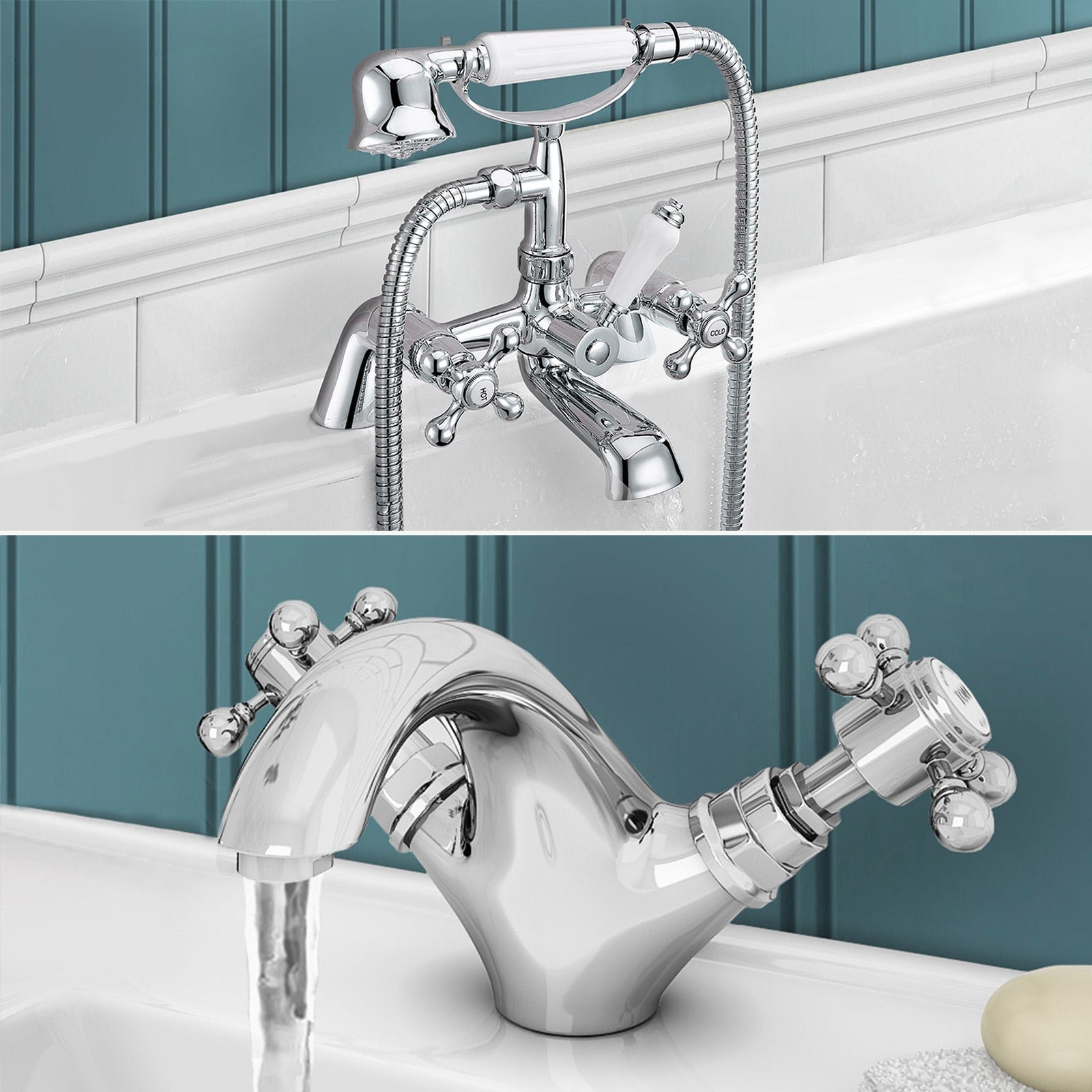 Stafford Victorian Cross Head Bath Shower Mixer Tap With Handheld Kit & Basin Mono Mixer Tap