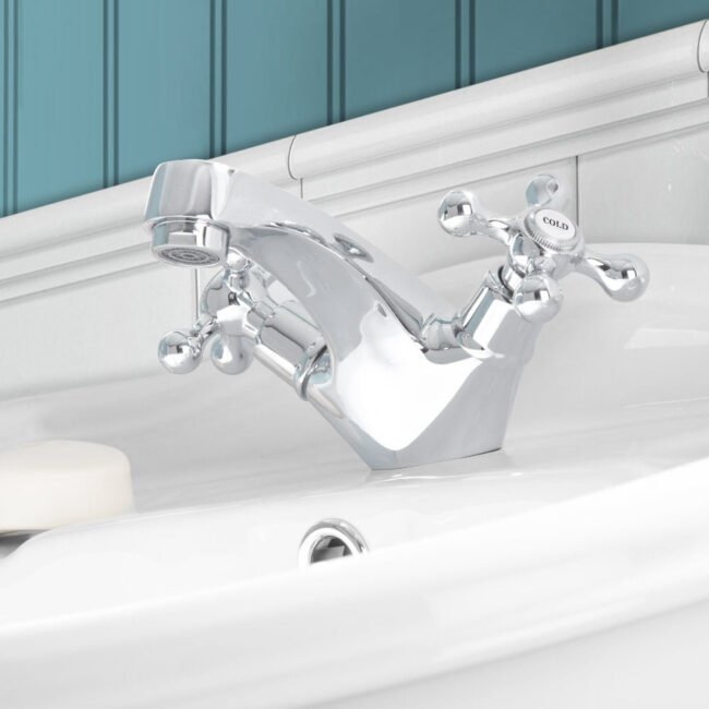Stafford Victorian Cross Head Bath Shower Mixer Tap With Handheld Kit & Basin Mono Mixer Tap - Image 5