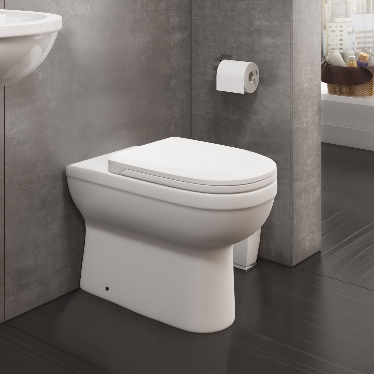Melbourne Back To Wall Vitreous Ceramic Modern White Toilet Pan. Soft Close Seat