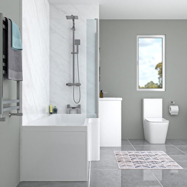 Nanuya L-Shaped RH Bath Front Panel White Basin Vanity Toilet Tap & Shower Set - Image 2