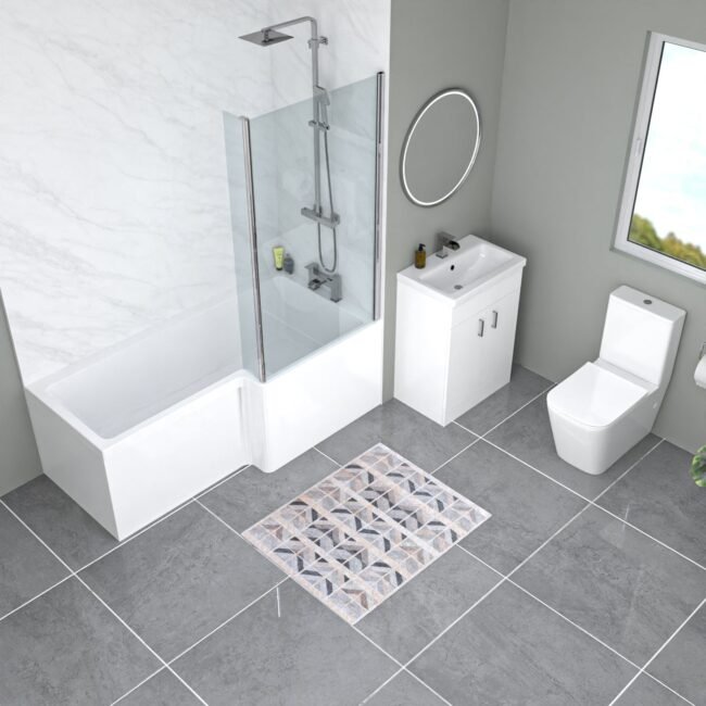 Nanuya L-Shaped RH Bath Front Panel White Basin Vanity Toilet Tap & Shower Set - Image 3
