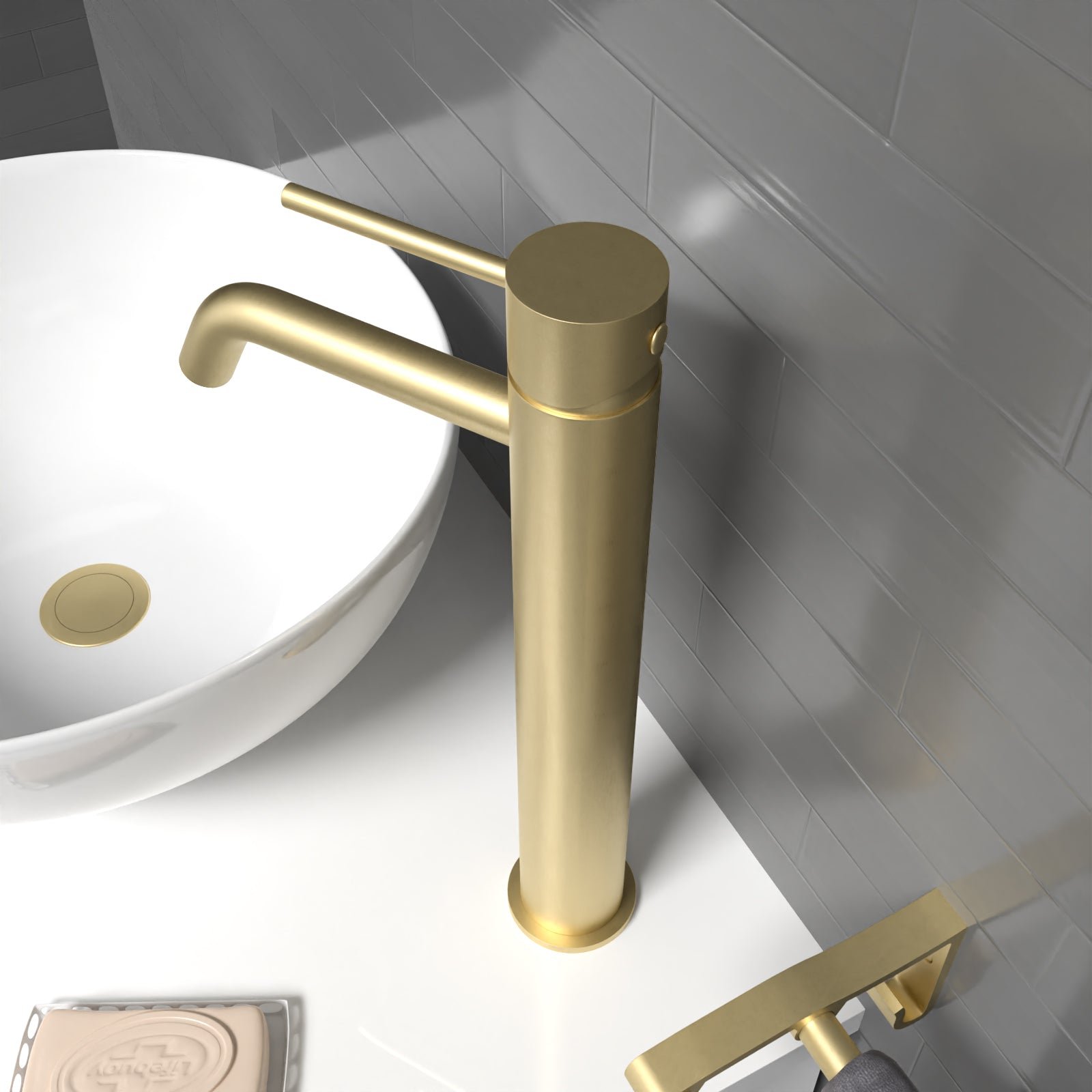 Alice Countertop Brushed Brass Tall Round Single Lever Basin Mono Mixer Tap - Image 5