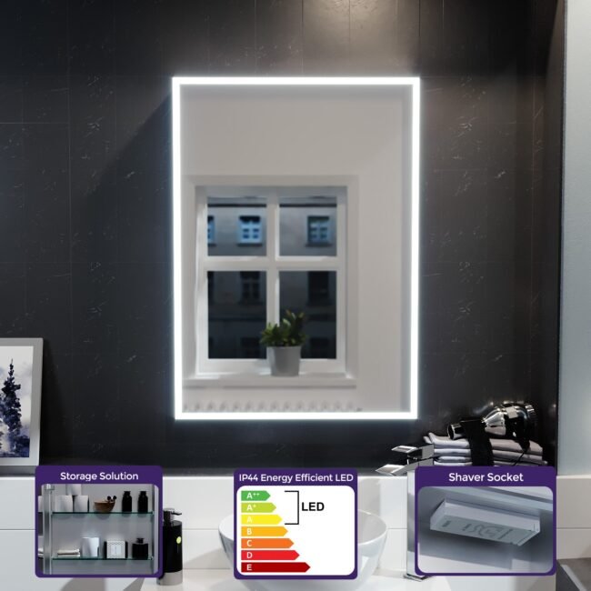 LED 500 x 700mm Mirror Cabinet Storage Bathroom Cupboard with Shaving Socket - Image 4