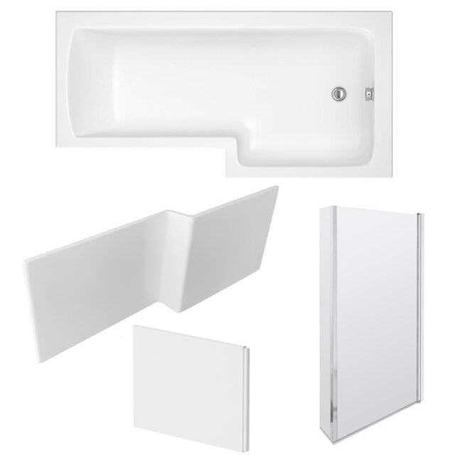 1700 x 850mm Right Hand L Shaped Shower Bath With Front End Panel & Hinged Shower Screen - Image 2