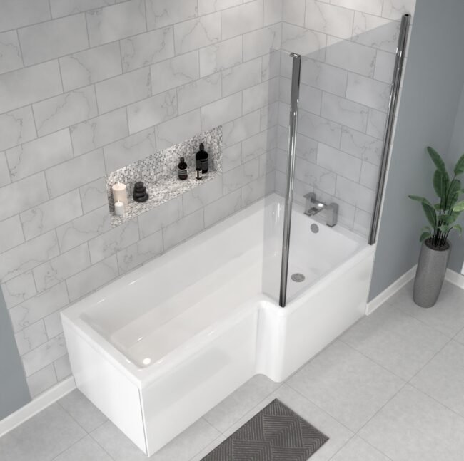 1700 x 850mm Right Hand L Shaped Shower Bath With Front End Panel & Hinged Shower Screen