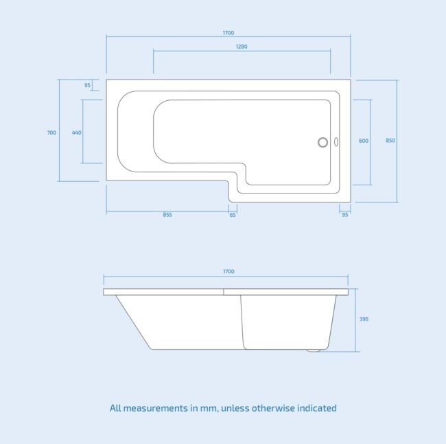1700 x 850mm Right Hand L Shaped Shower Bath With Front End Panel & Hinged Shower Screen - Image 8