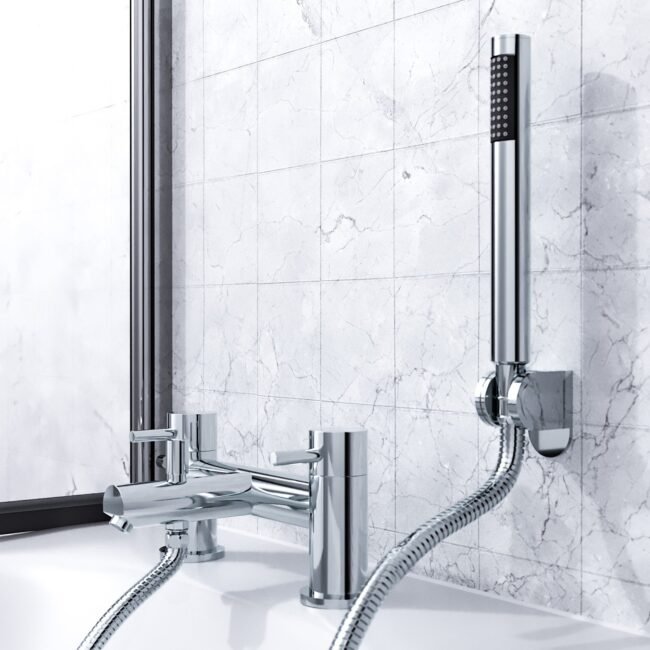 Kyic Modern Bridge Deck Mounted Bath Filler Shower Mixer Tap With Handheld Kit - Image 3