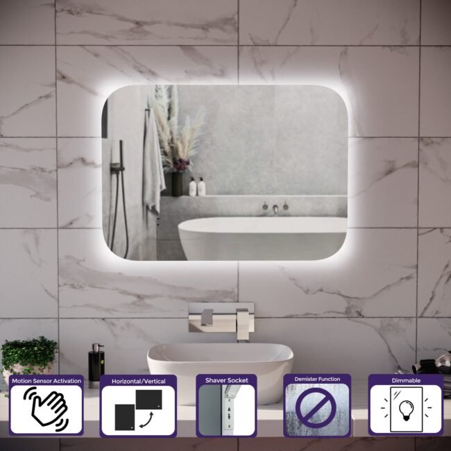 Motion Sensor Bathroom LED Mirror Rectangular Round Edge Shaver Socket Demister 600 x 800mm - Image 2