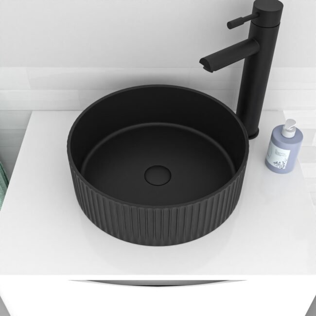 360mm Fluted Round Countertop Sink Matte Black - Image 2