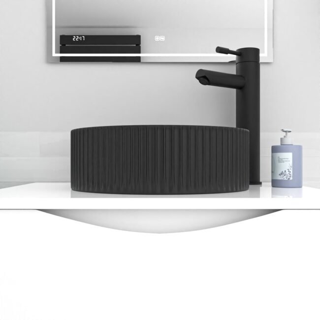 360mm Fluted Round Countertop Sink Matte Black - Image 3