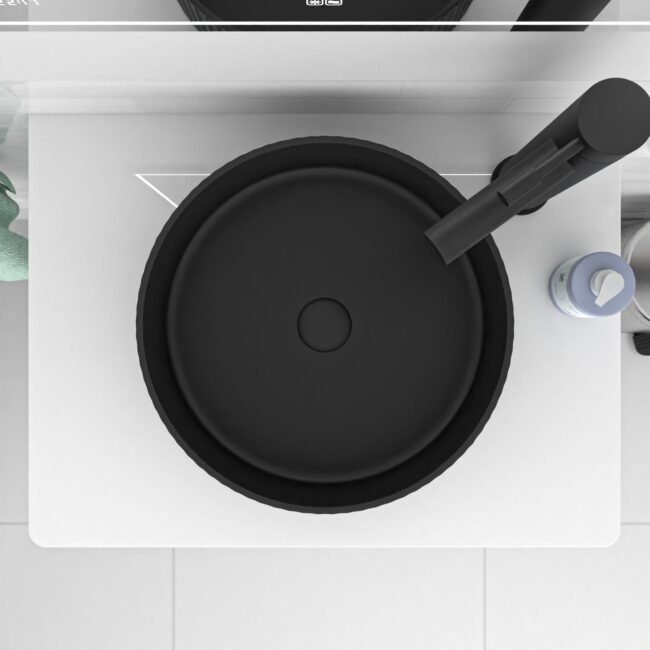 360mm Fluted Round Countertop Sink Matte Black - Image 4