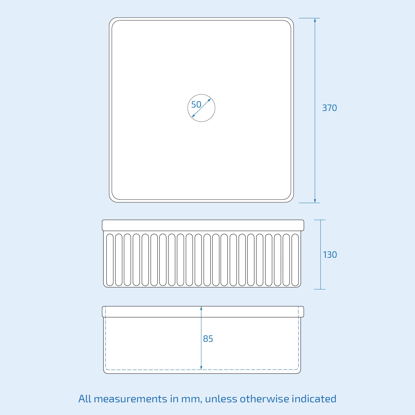 370mm Fluted Square Countertop Sink Gloss White - Image 6