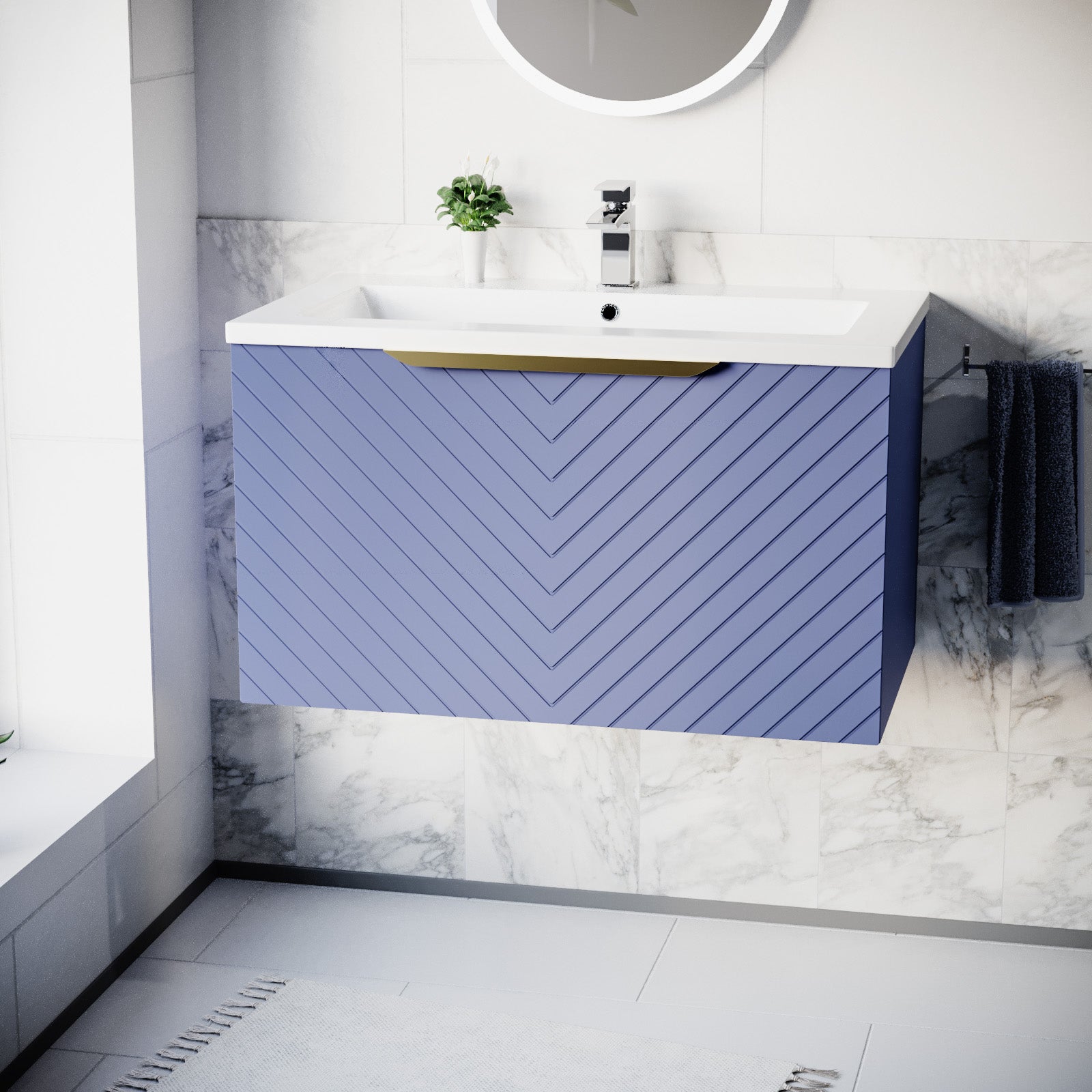 Roxy 800mm Wall Hung Blue Drawers Basin Vanity Brushed Brass Handle - Image 2