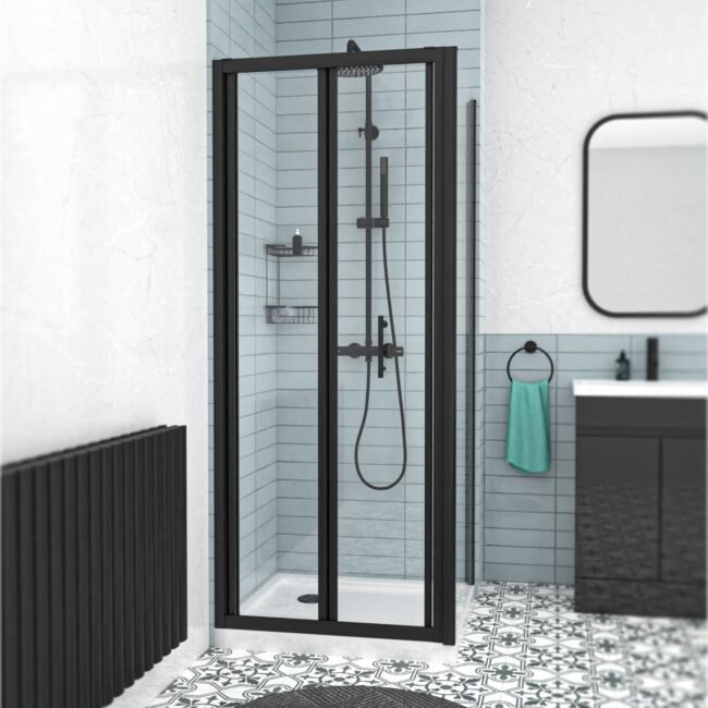 Black 760mm Bi-fold Shower Door. 700mm Side Panel Tempered Glass - Image 2