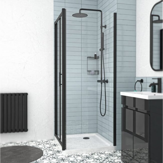 Black 760mm Bi-fold Shower Door. 700mm Side Panel Tempered Glass - Image 3