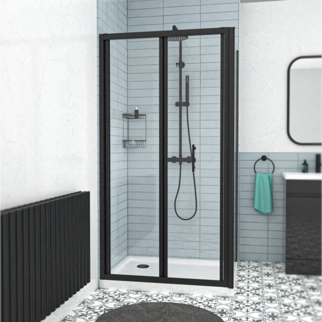 Black 1000mm Bi-fold Shower Door. 760mm Side Panel Tempered Glass - Image 2
