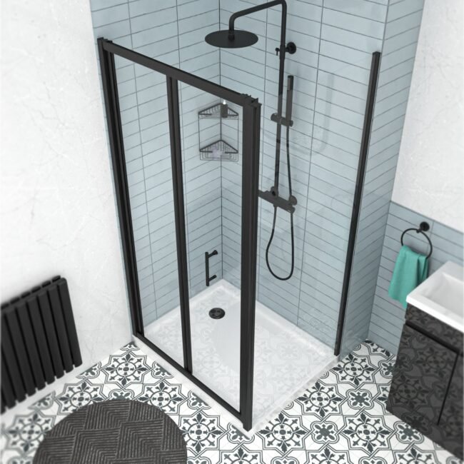 Black 1000mm Bi-fold Shower Door. 760mm Side Panel Tempered Glass - Image 4