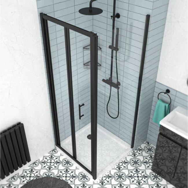 Black 900mm Bi-fold Shower Door. 760mm Side Panel Tempered Glass - Image 4