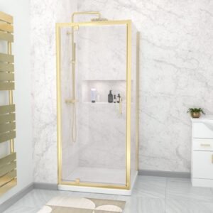 Brushed Brass 900 x 700mm Pivot Door Shower Enclosure Panel & Tray Set