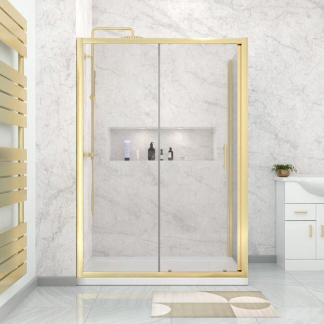 Manga 1100 x 900mm Shower Enclosure Sliding Door. Panel & Tray Brushed Brass - Image 2