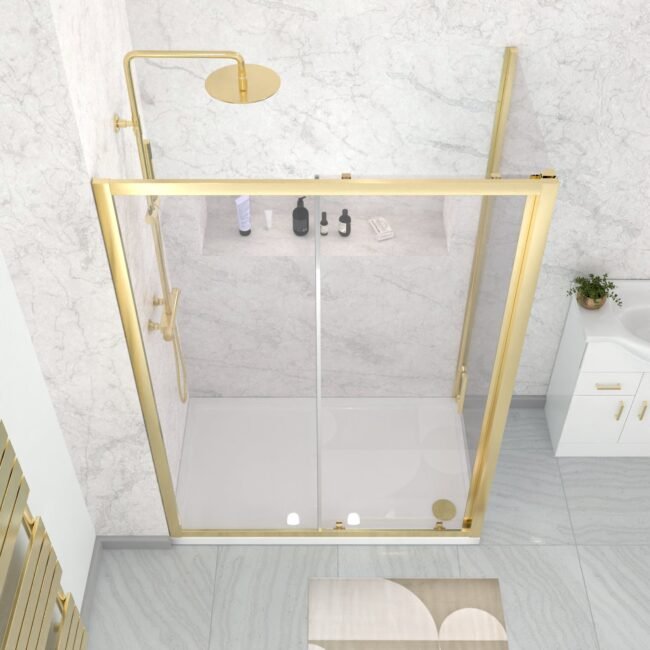 Manga 1100 x 900mm Shower Enclosure Sliding Door. Panel & Tray Brushed Brass - Image 3