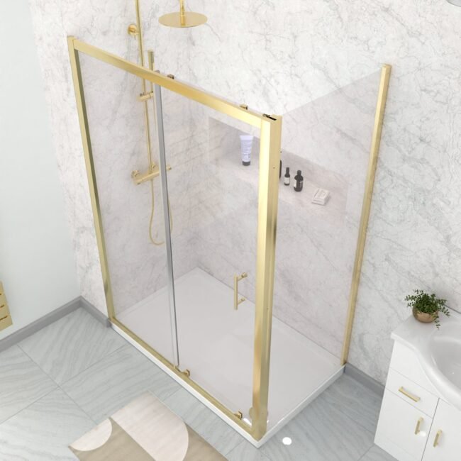 Manga 1100 x 900mm Shower Enclosure Sliding Door. Panel & Tray Brushed Brass - Image 4