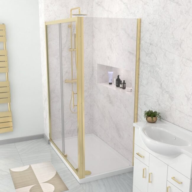 Manga 1100 x 900mm Shower Enclosure Sliding Door. Panel & Tray Brushed Brass - Image 5