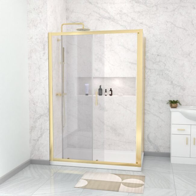 Manga 1100 x 900mm Shower Enclosure Sliding Door. Panel & Tray Brushed Brass - Image 6