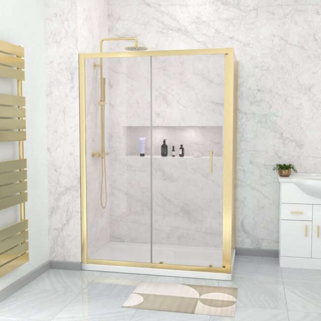 Manga 1100 x 900mm Shower Enclosure Sliding Door. Panel & Tray Brushed Brass