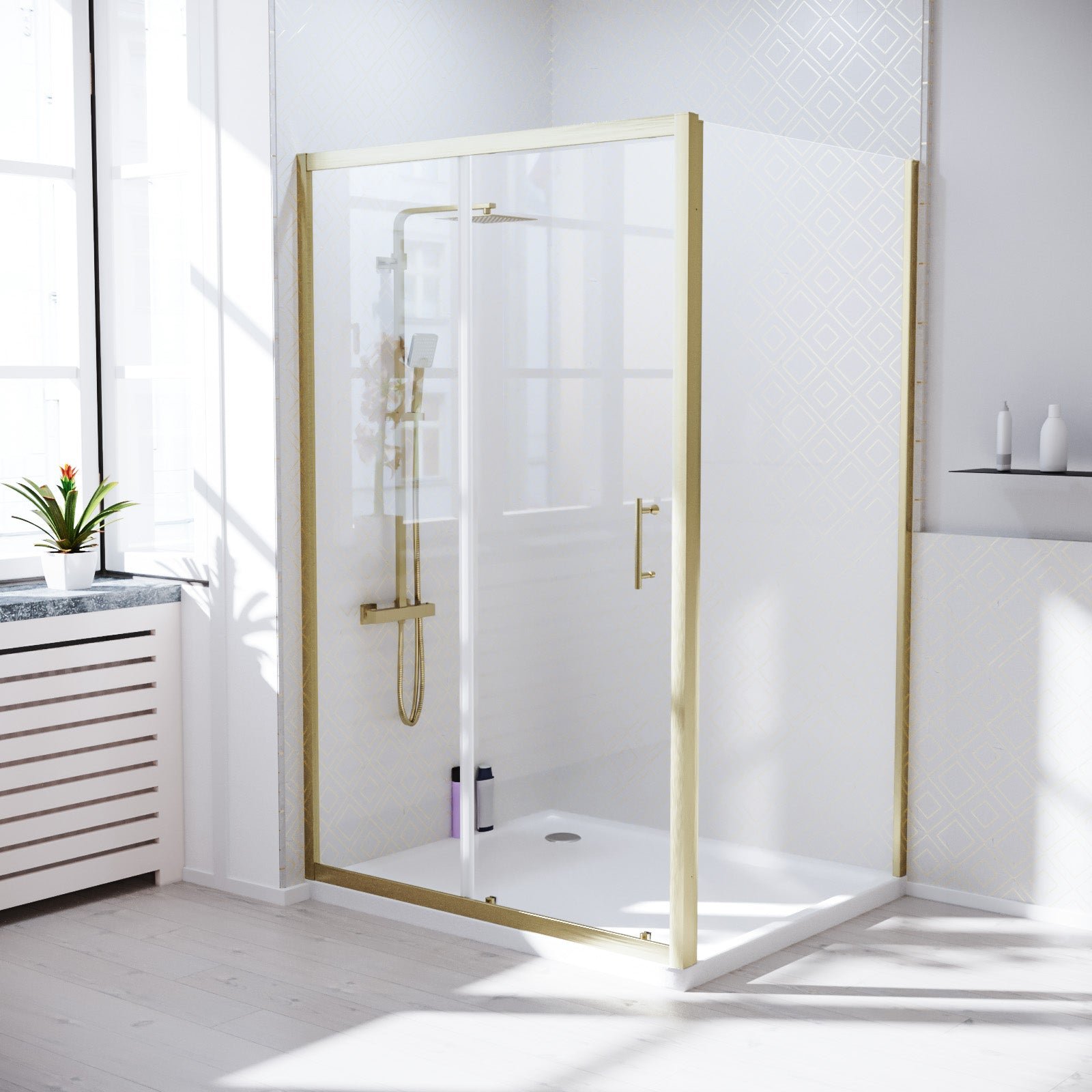 Manga 1100 x 760mm Shower Enclosure Sliding Door & Side Panel Brushed Brass