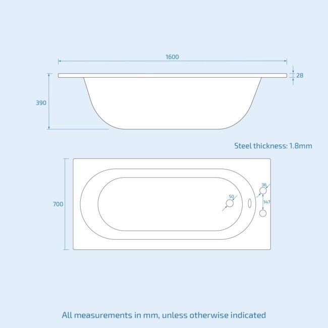 Dylan 1600 x 700mm Steel Enamel Bath. 2 Tap Holes & Pre-drilled Waste Hole - Image 3