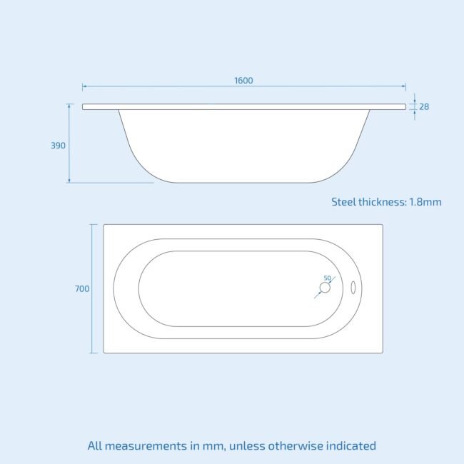 Dylan 1600 x 700mm Steel Enamel Round Bath With Waste & Overflow - Image 4