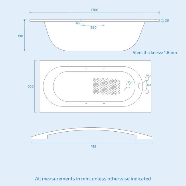 Dylan 1700 x 700mm 2TH Steel Enamel Bath with Handles & Anti Slip Base - Image 4
