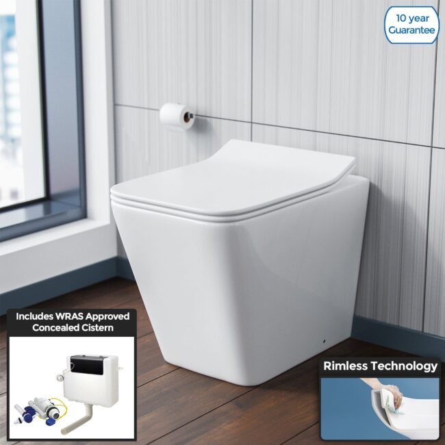 Inton Square Back To Wall Rimless Toilet Pan With Soft Close Seat + WRAS Approved Concealed Cistern - Image 2