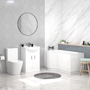 Ellen LH White P-Shaped Bath Suite WC Close Coupled Toilet Basin Vanity Unit