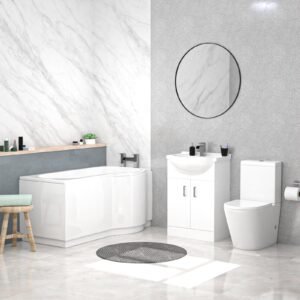Ellen White P-Shaped Bath Suite WC Close Coupled Toilet Basin Sink Vanity Unit Right Hand