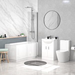 Ellen Right Hand P-Shaped Bath With Screen. Basin Vanity Unit & Close Coupled Toilet