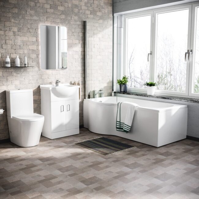 Ellen P-Shaped Left Handed Bath. Floor Standing Vanity Unit and Close Coupled Toilet Suite